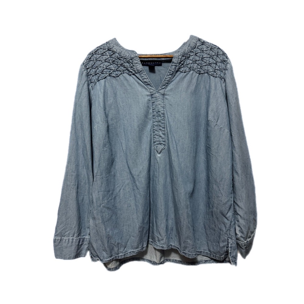 Bandolino Chambray Tunic‎ Women XL Blue Excellent Smocked Beaded V-Neck Blouse
